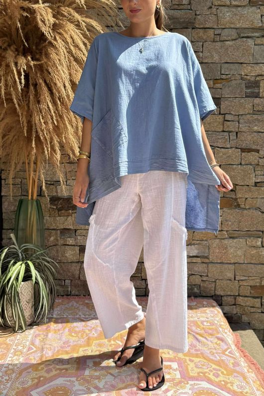 Made in Italy Cotton Blend Patch Pocket Dip Back Top Denim